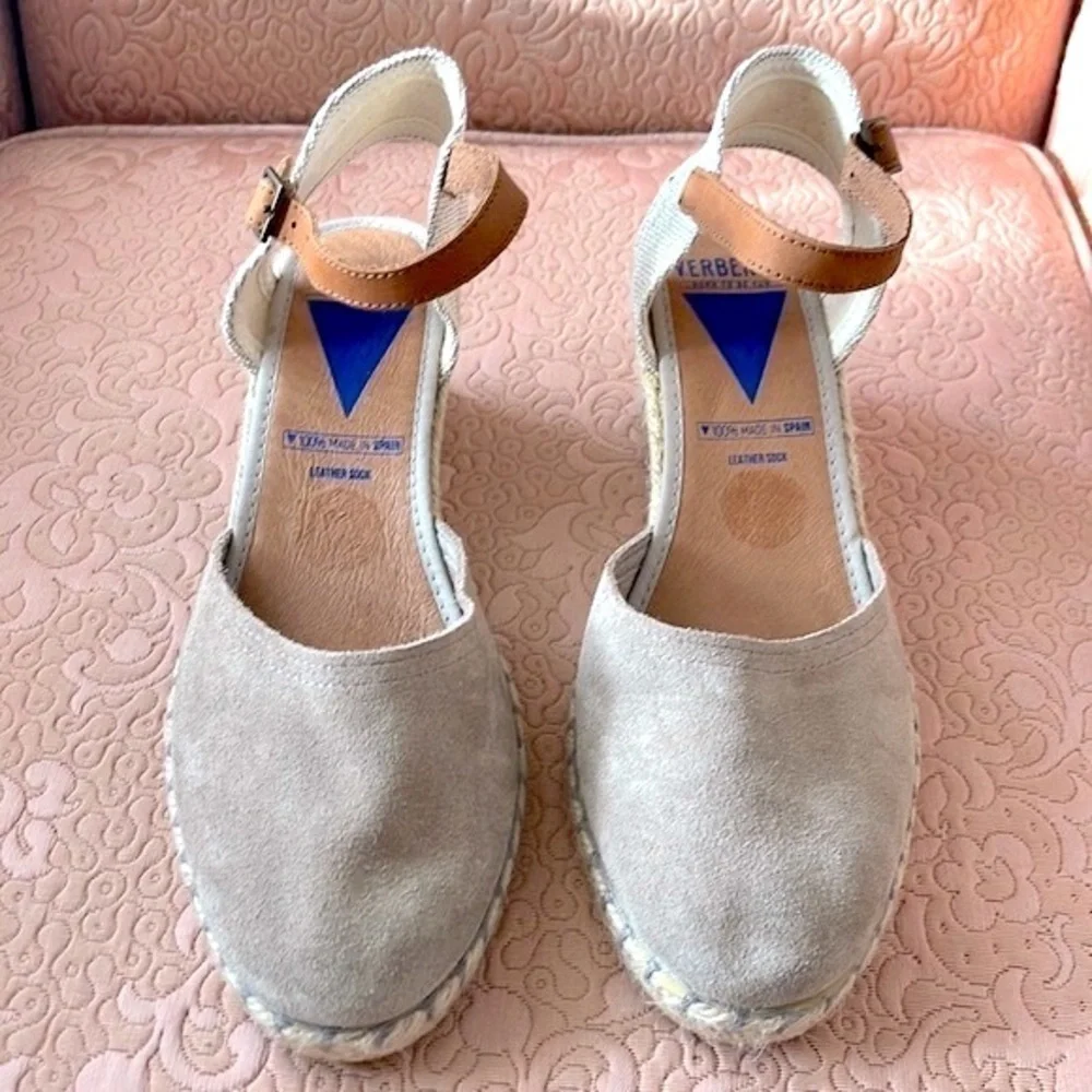 Brand New Verbenas Genuine Suede Espadrilles Wedges Ankle Strap Sandals Stone